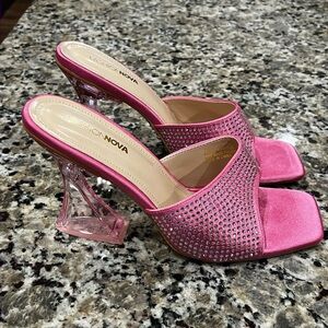 Fashion Nova Pink Rhinestone Sparkly Open Toe Mule Heels Size 10